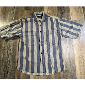 Shah Safari Button Down Shirt Mens Medium Blue Tan Striped Denim Short Sleeve